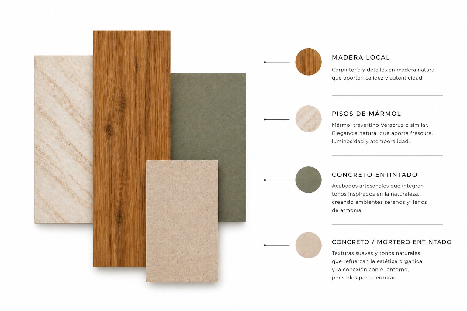 Materiales seleccionados para Ceiba — paleta de mármol, madera local y concreto entintado