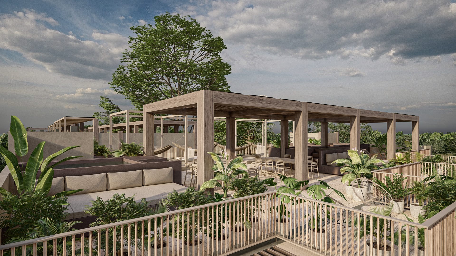Rooftop de Ceiba con área lounge y vista al Caribe